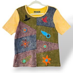 Embroidered Patchwork T-Shirt Womens Sz M Yellow Cotton Witchy Hippie Boho Top